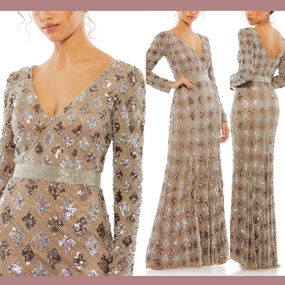 Nwt $598 Mac Duggal [ 8 ] Geometric Embellished V Neck Evening Gown Mocha #S1061